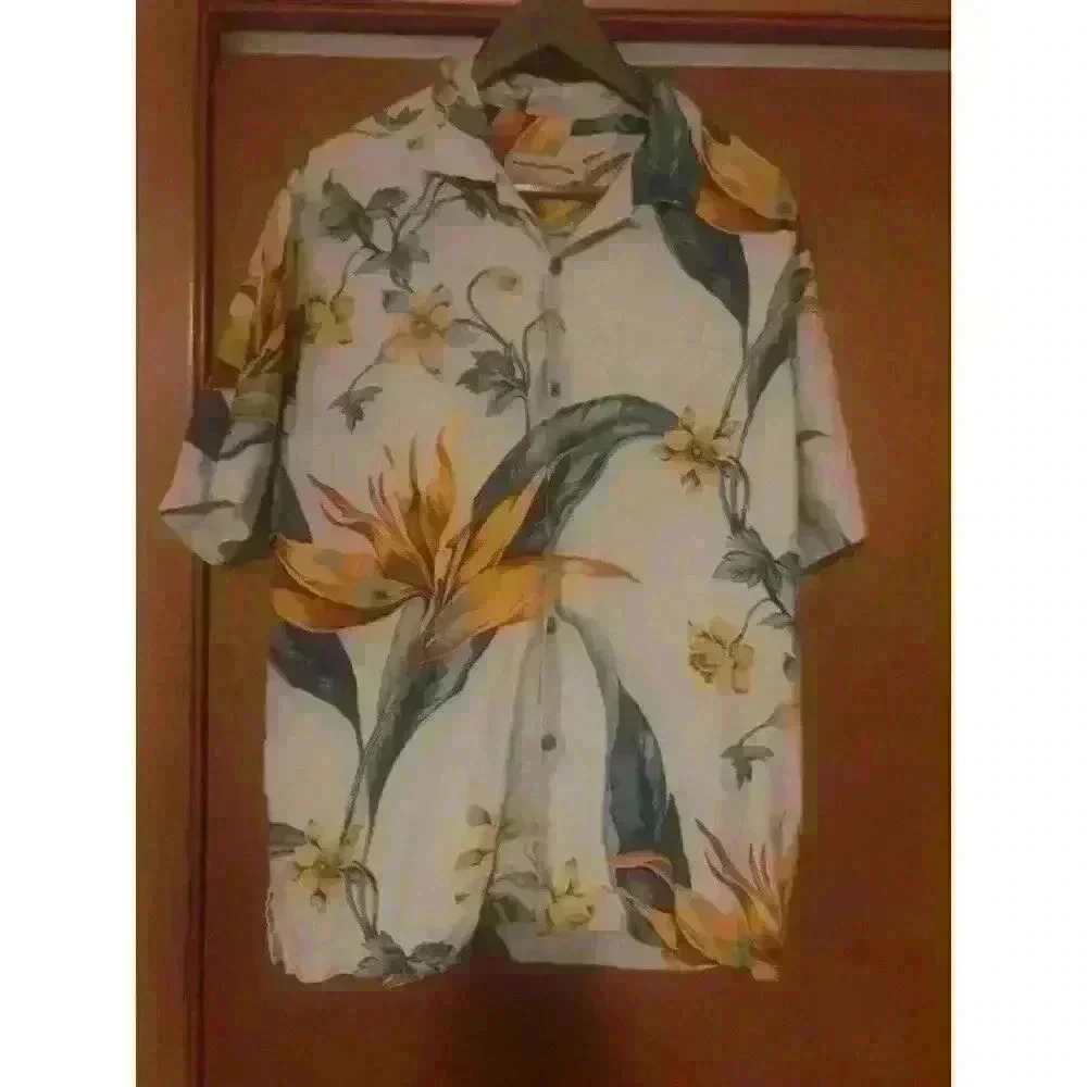 Tommy Bahama Mens Silk Bird of Paradise Floral Aloha Camp Shirt Cream Medium‎